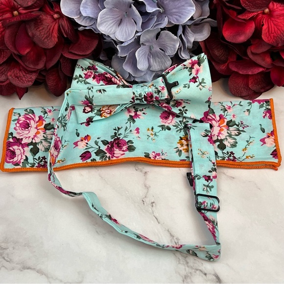 Light Blue Floral Butterfly Bow Tie and Pocket Square - Picture 11 of 16